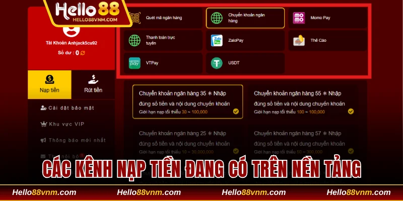Các kênh nạp tiền đang có trên nền tảng