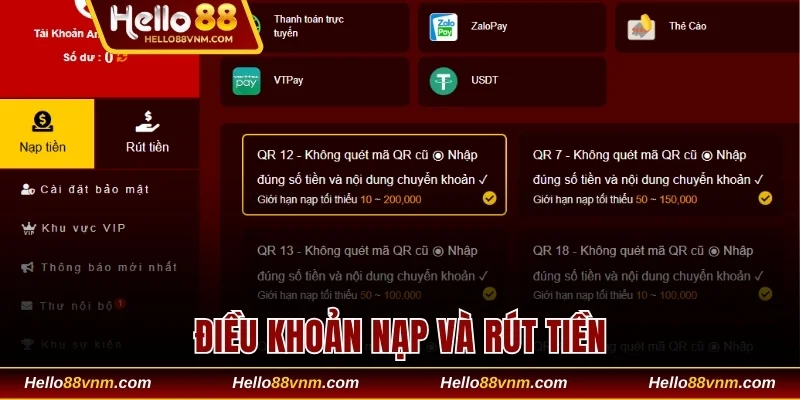 Điều khoản nạp và rút tiền