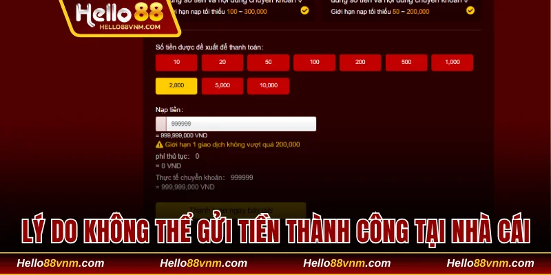 Lý do không thể gửi tiền thành công tại nhà cái
